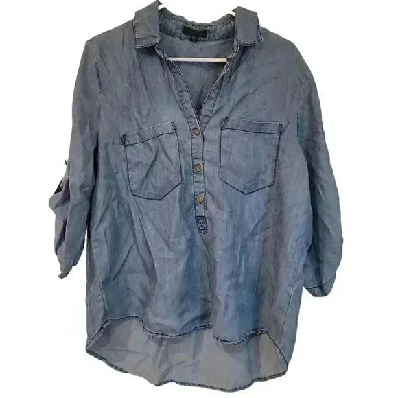 Aqua Women's Blue Med. Wash Tencil Chambray 1/2 Button Front Shirt w Collar & Po - Picture 2 of 9